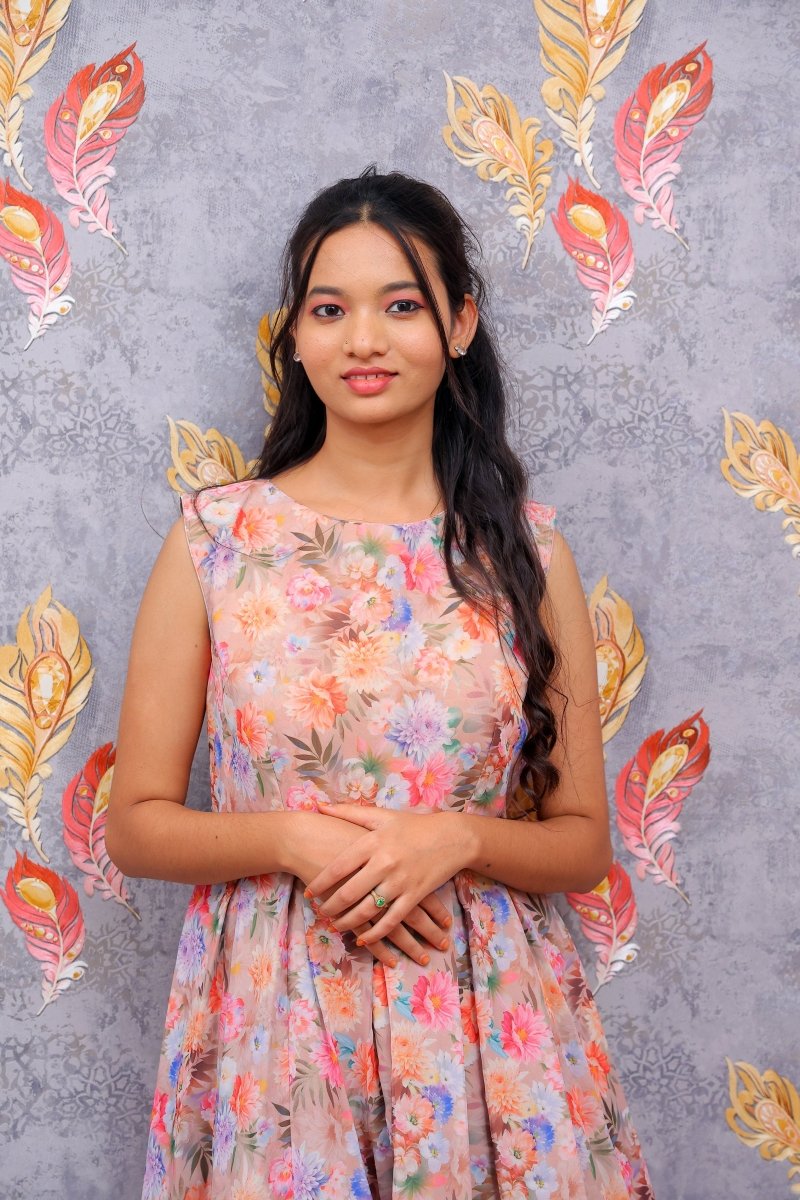 Beige Floral Pattern Frock For Women - Aira Fabrics Designer Studio