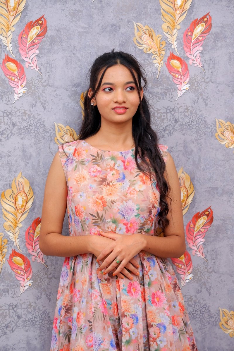Beige Floral Pattern Frock For Women - Aira Fabrics Designer Studio