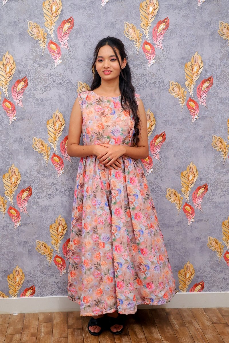 Beige Floral Pattern Frock For Women - Aira Fabrics Designer Studio