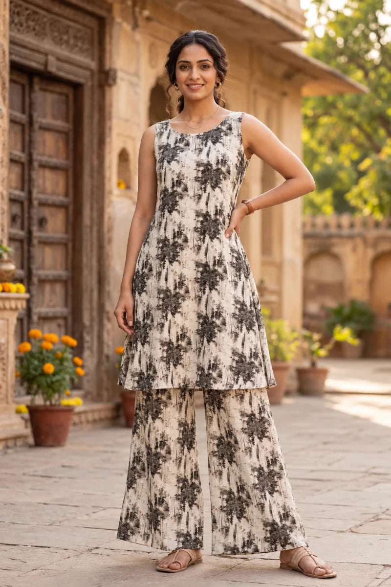 A woman models a sleeveless beige and black floral print kurta set with matching wide-leg pants in an outdoor courtyard setting.