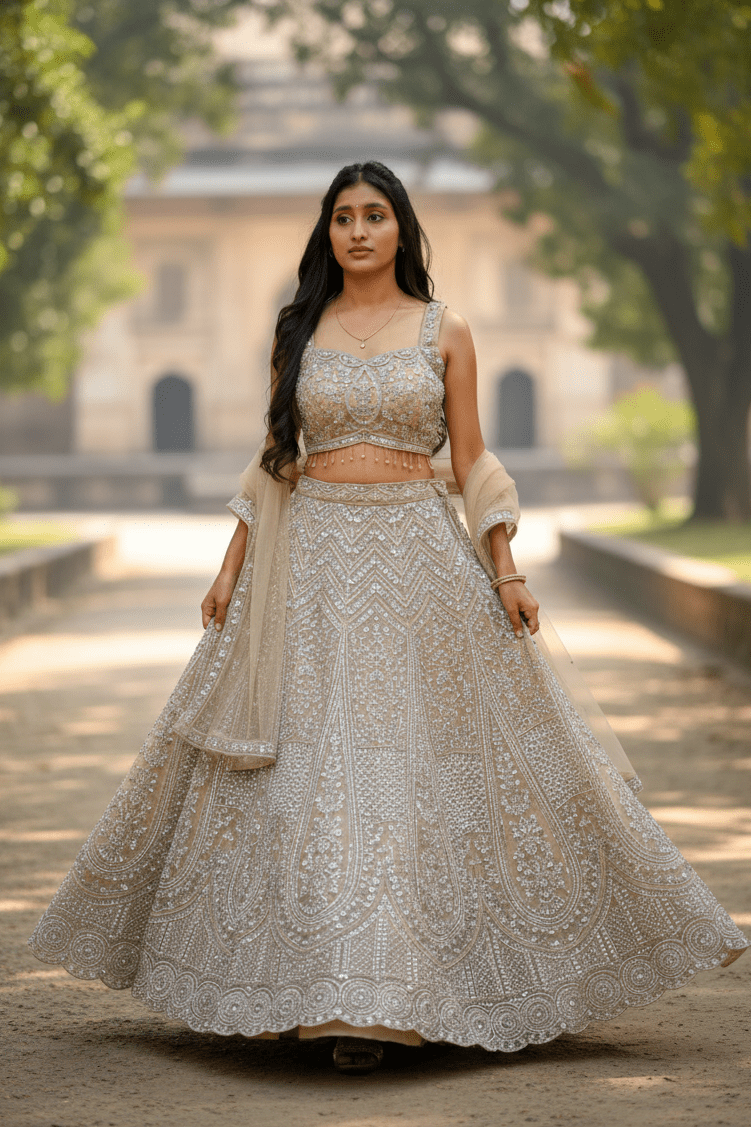 Beige Lehenga Choli With Silver Embroidery For Women & Girls - Aira Fabrics Designer Studio