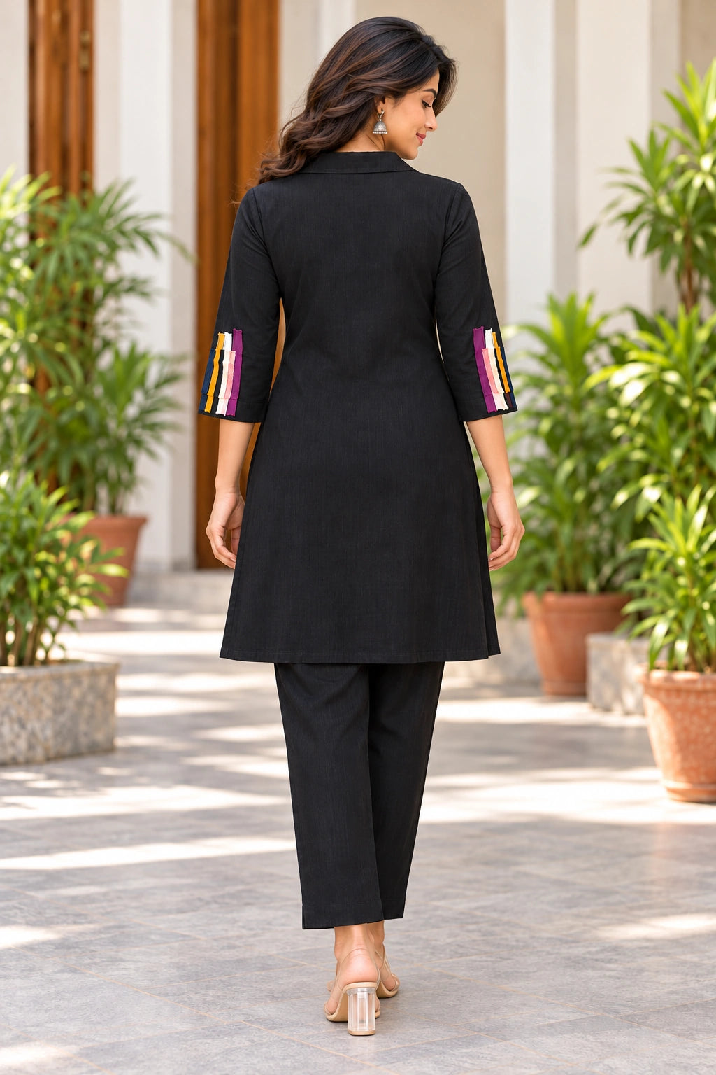 Black Cotton Co-ord Set with Multicolour Patchwork for Women