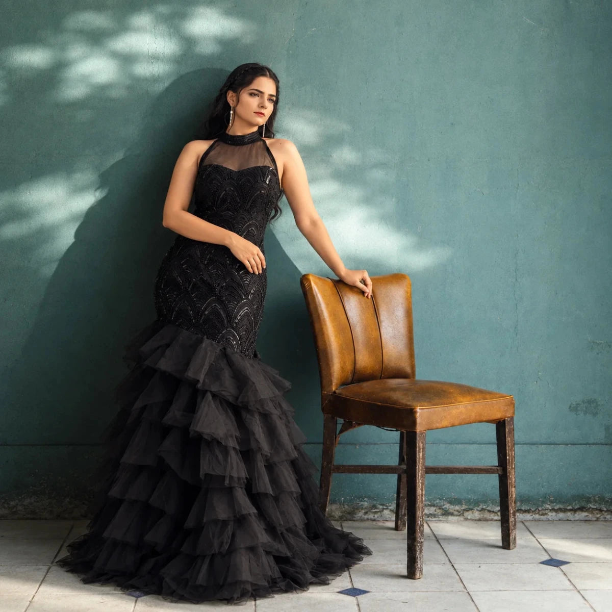 Black Beaded Halter Neck Gown For Women & Girls - Aira Fabrics Designer Studio