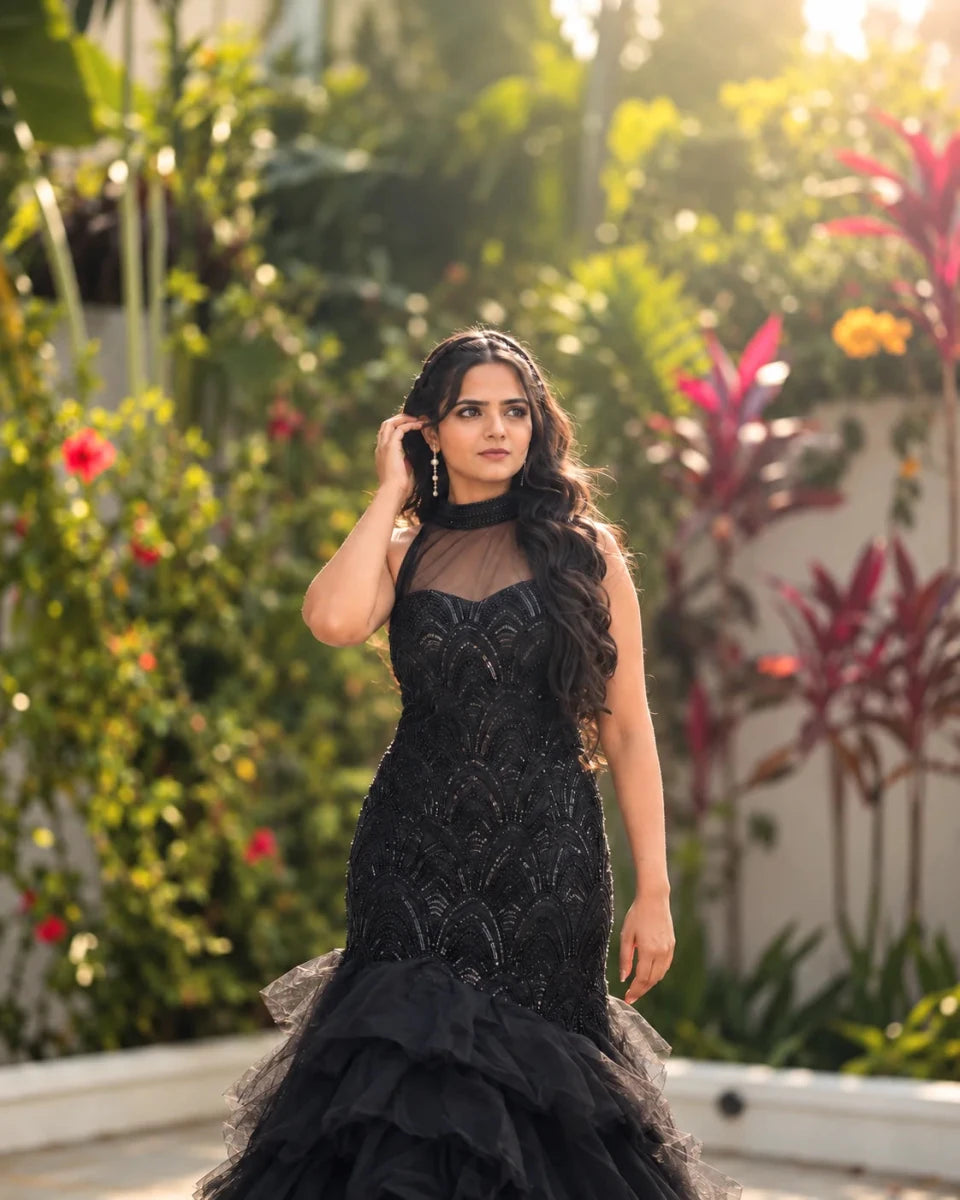 Black Beaded Halter Neck Gown For Women & Girls - Aira Fabrics Designer Studio
