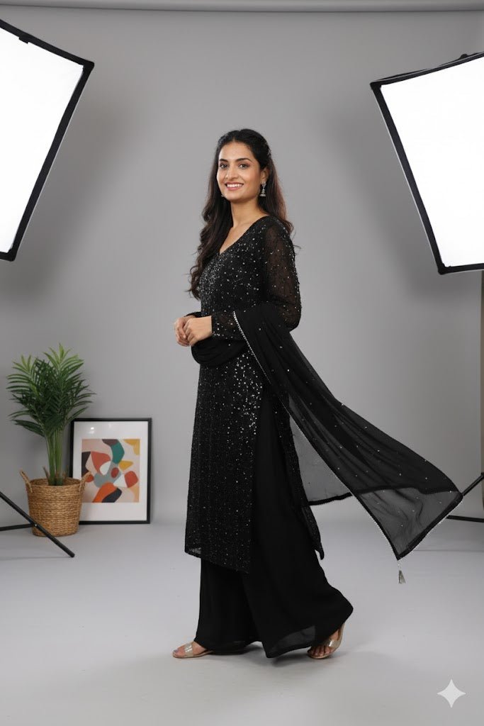 Black Celestial Shine 2-Piece Organza Embroidered Suit For Women & Girls - Aira Fabrics Designer Studio
