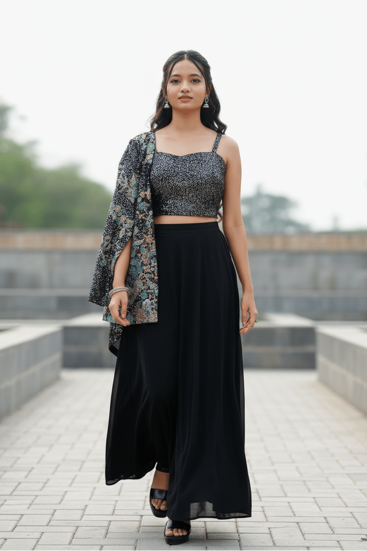 Black Draped Skirt Paired With A Sequined, Dark-Colored Crop Top And A Patterned Shrug For Women & Girls - Aira Fabrics Designer Studio