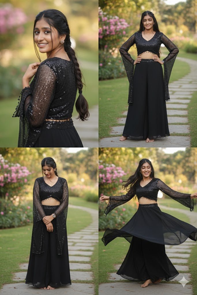 Black Faux Georgette Sequins Embroidered Crop Top For Women & Girls - Aira Fabrics Designer Studio
