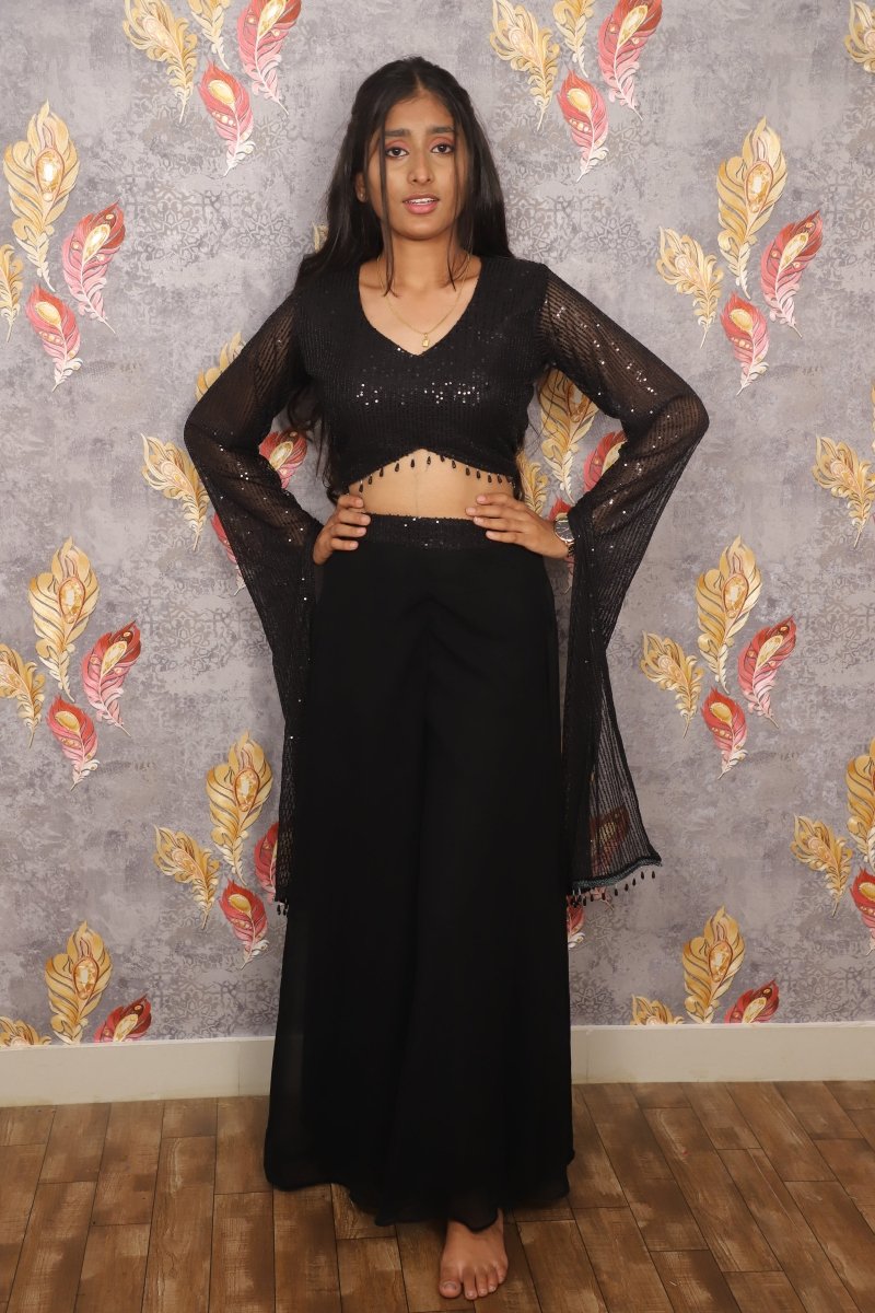 Black Faux Georgette Sequins Embroidered Crop Top For Women & Girls - Aira Fabrics Designer Studio