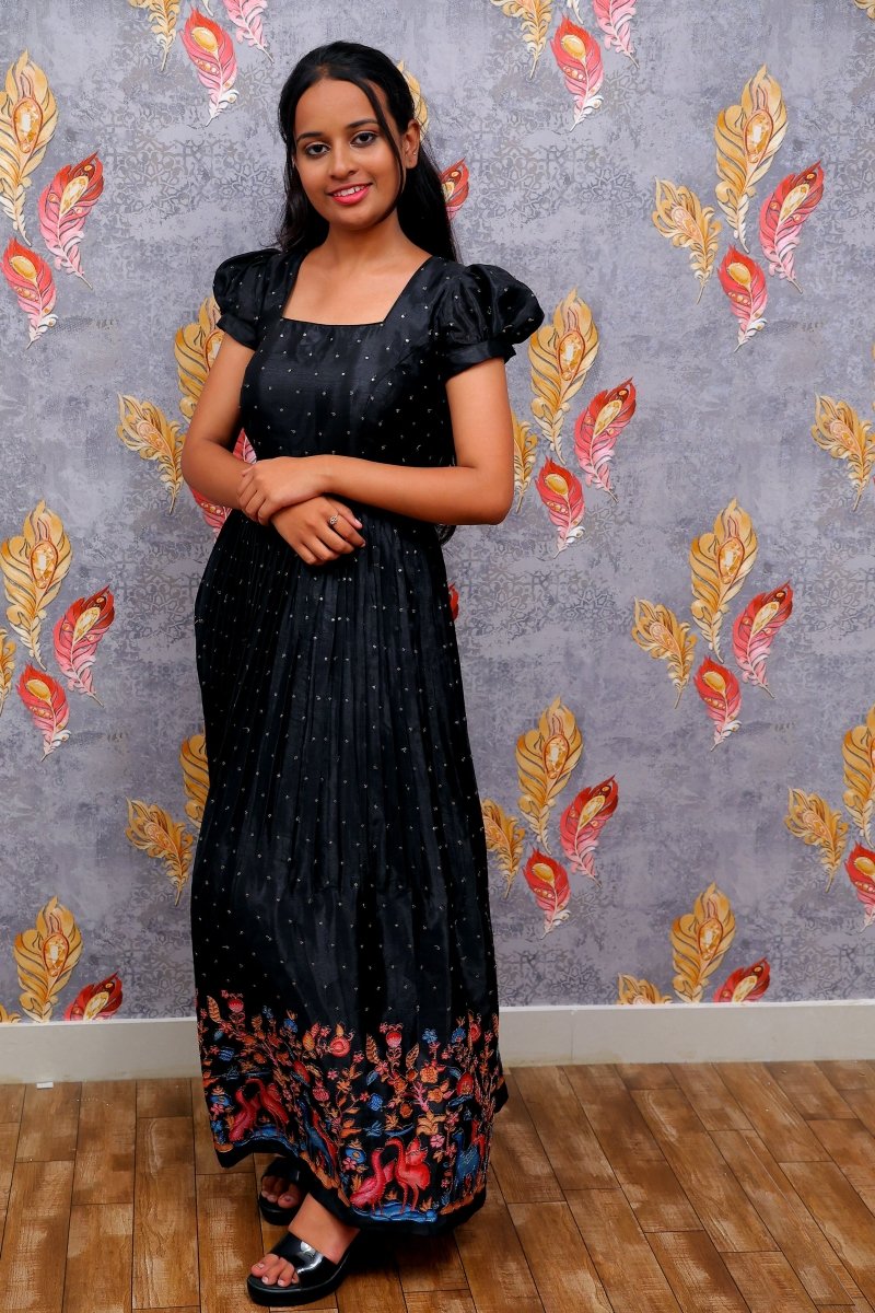Black Frock Dress With Floral Border For Women & Girls - Aira Fabrics Designer Studio