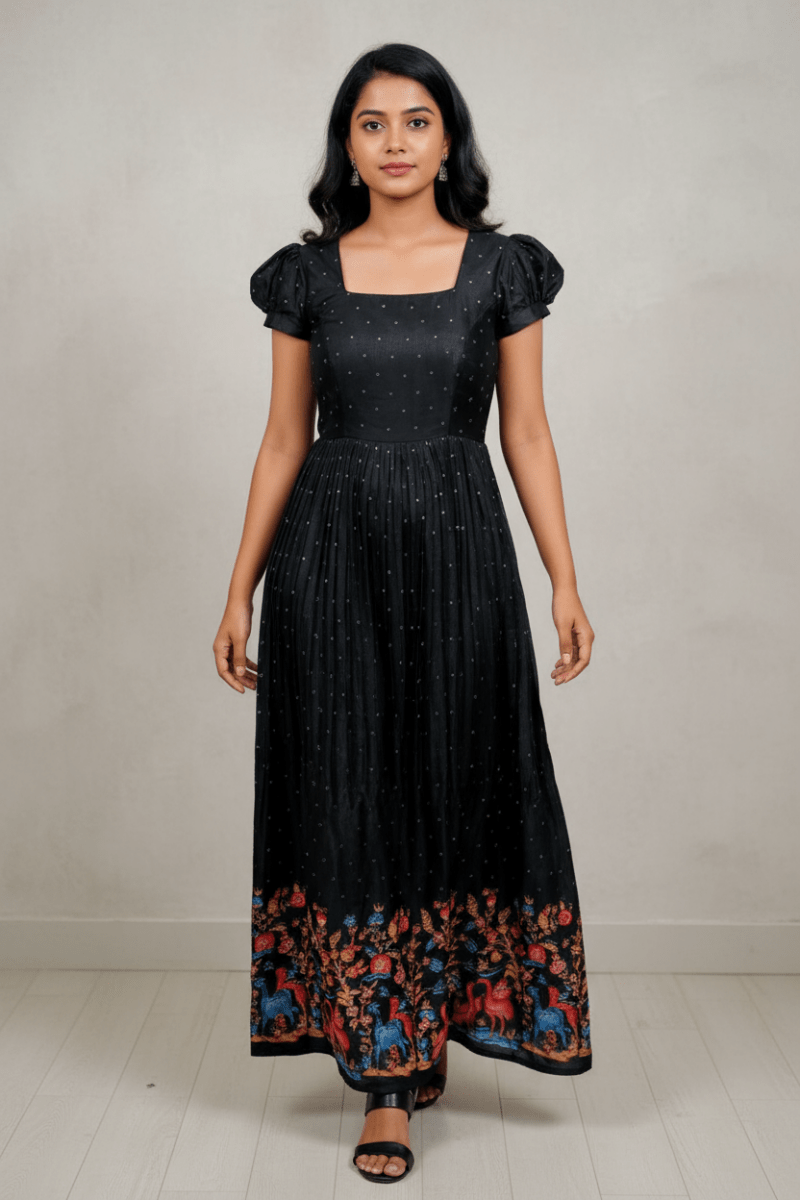 Black Frock Dress With Floral Border For Women & Girls - Aira Fabrics Designer Studio