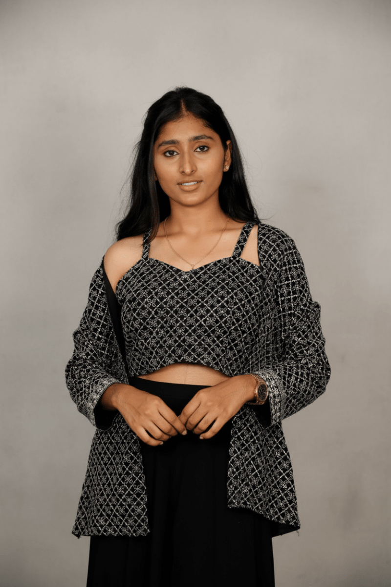 Black Sequined Crop Top With Matching Shrug And Solid Skirt For Women & Girls - Aira Fabrics Designer Studio