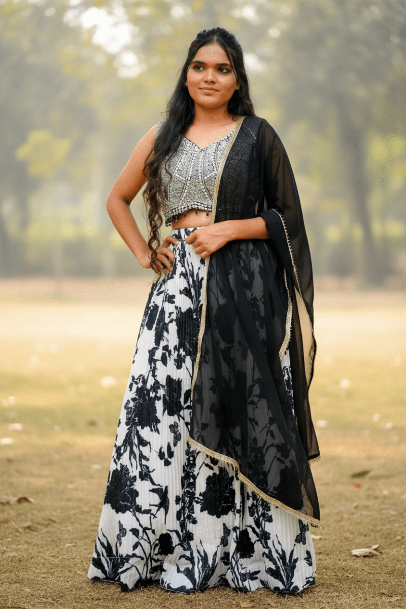 Black & White Floral Print With Sequin Embroidery For Women & Girls - Aira Fabrics Designer Studio