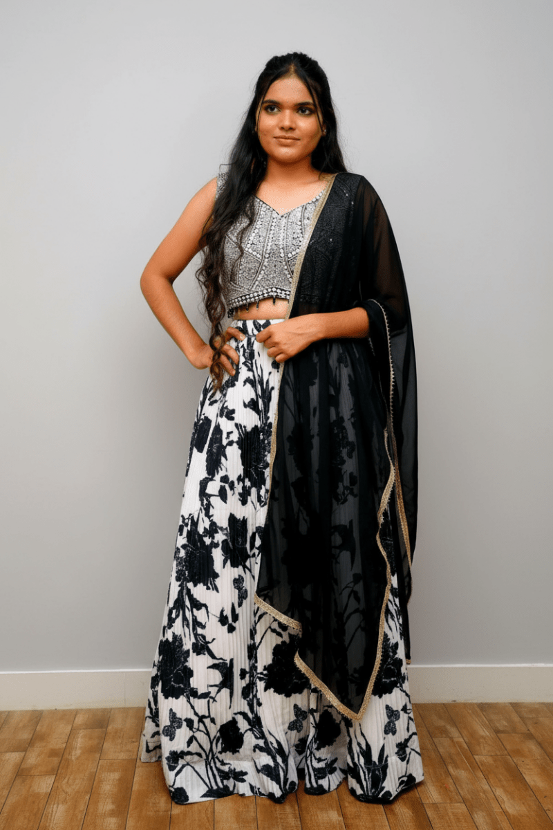 Black & White Floral Print With Sequin Embroidery For Women & Girls - Aira Fabrics Designer Studio