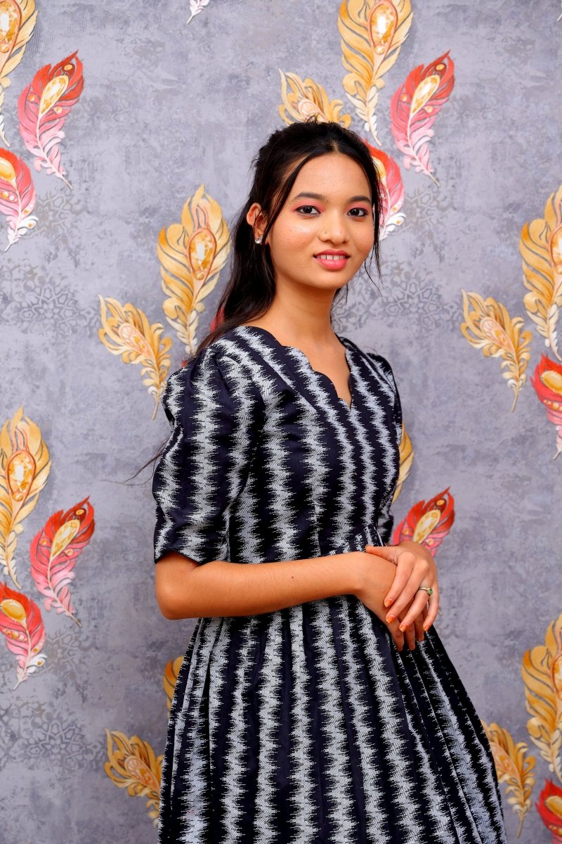 Black & White Zigzag (Chevron) Pattern Frock For Women & Girls - Aira Fabrics Designer Studio