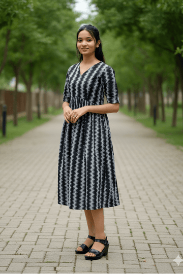 Black & White Zigzag (Chevron) Pattern Frock For Women & Girls - Aira Fabrics Designer Studio