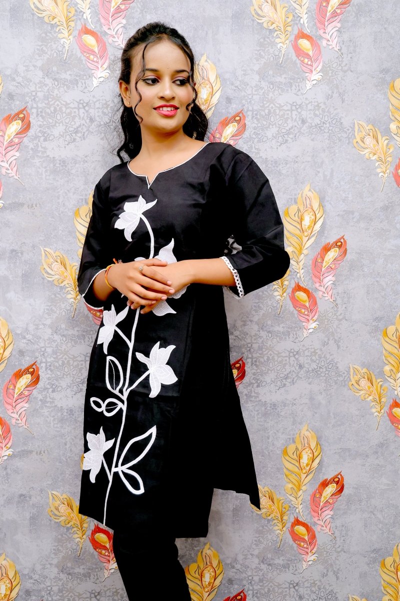 Black With White Chinon Floral Kurti For Women & Girls - Aira Fabrics Designer Studio