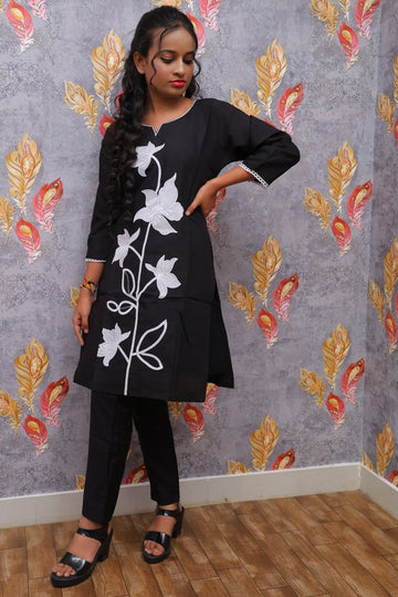 Black With White Chinon Floral Kurti For Women & Girls - Aira Fabrics Designer Studio