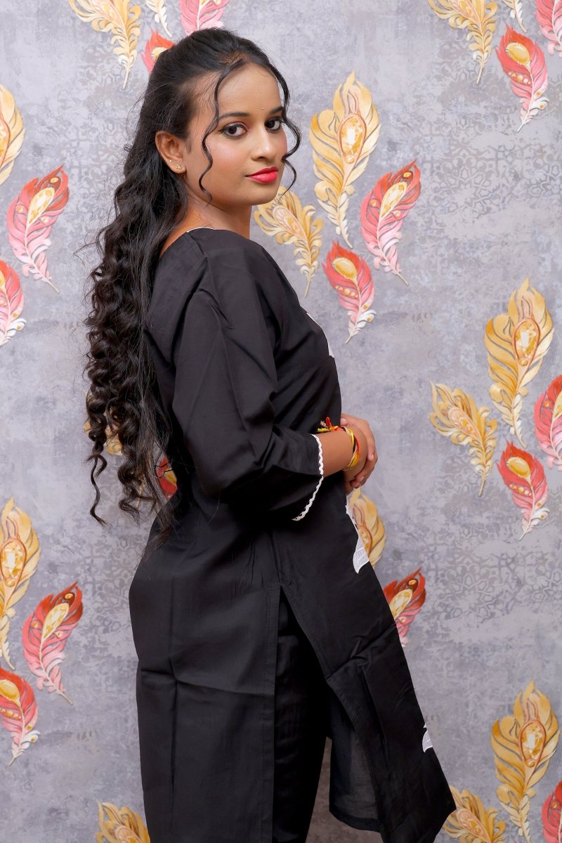 Black With White Chinon Floral Kurti For Women & Girls - Aira Fabrics Designer Studio