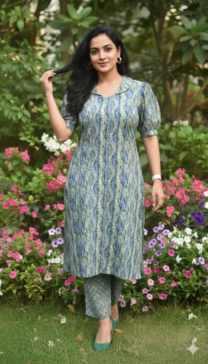 Blue and Sage green Work Cotton Kurti And Bottom - Aira Fabrics Designer Studio