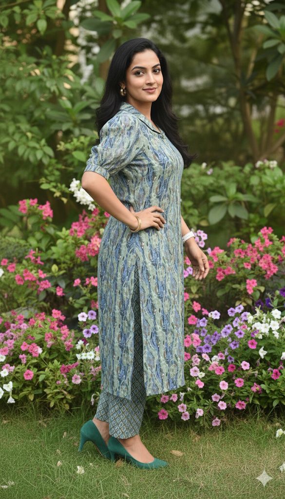 Blue and Sage green Work Cotton Kurti And Bottom - Aira Fabrics Designer Studio