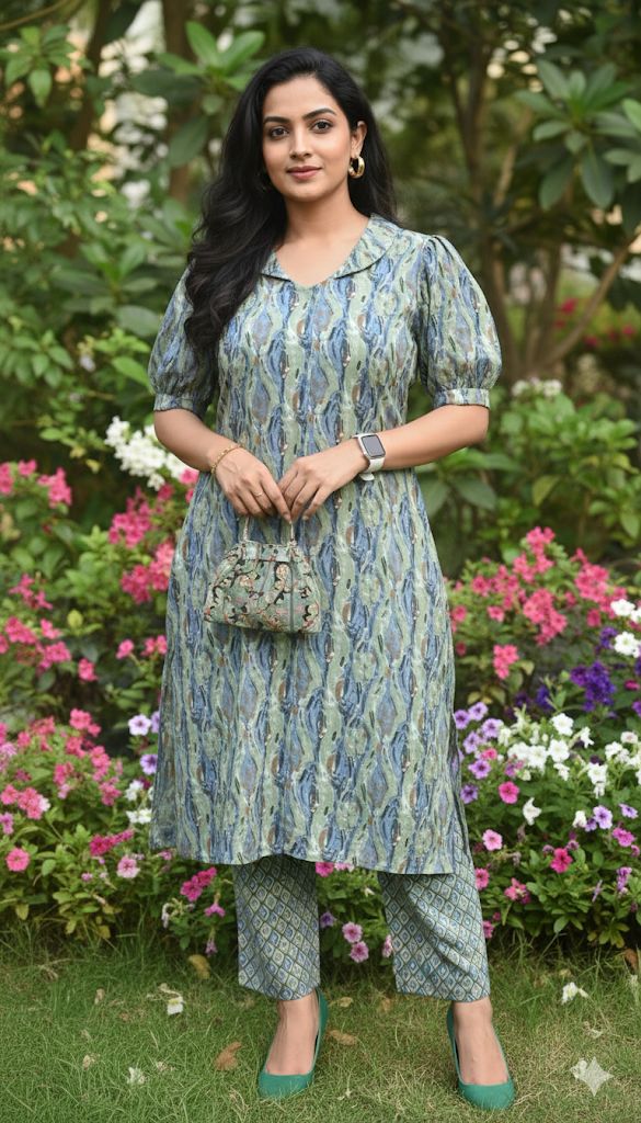 Blue and Sage green Work Cotton Kurti And Bottom - Aira Fabrics Designer Studio