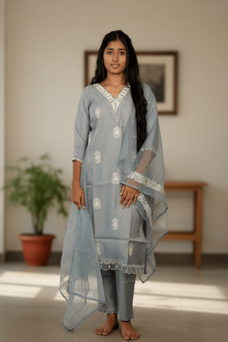 Blue Embroidered Salwar Suit Kurti For Women & Girls - Aira Fabrics Designer Studio