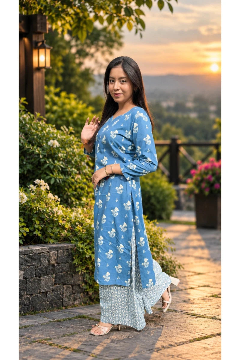Blue Floral Printed Kurti with Palazzo Pants for Women & Girls - Aira Fabrics Designer Studio