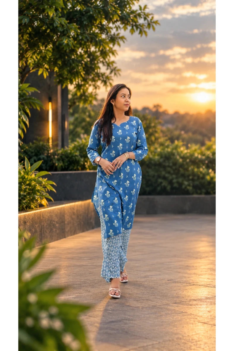 Blue Floral Printed Kurti with Palazzo Pants for Women & Girls - Aira Fabrics Designer Studio