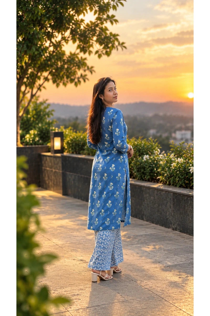 Blue Floral Printed Kurti with Palazzo Pants for Women & Girls - Aira Fabrics Designer Studio