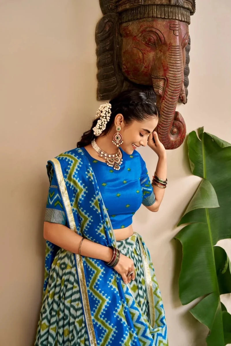 Blue & Green Ikat Print Silk Half Saree with Zari Border - Aira Fabrics Designer Studio