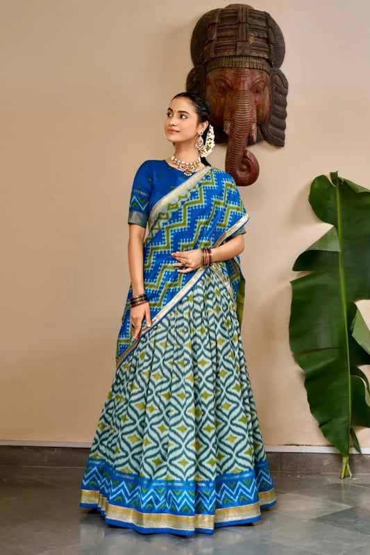Blue & Green Ikat Print Silk Half Saree with Zari Border - Aira Fabrics Designer Studio