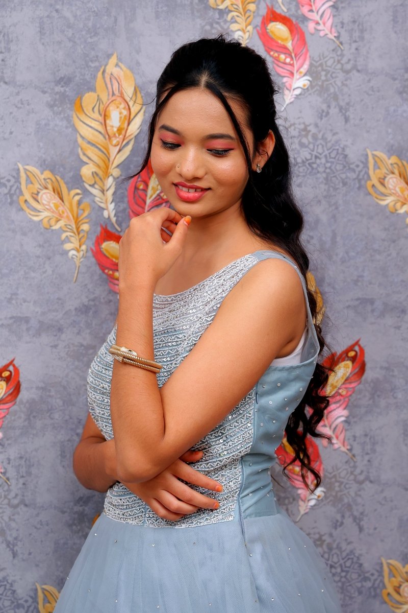 Blue Silver Beaded Bodice With Tulle Gown For Women & Girls - Aira Fabrics Designer Studio