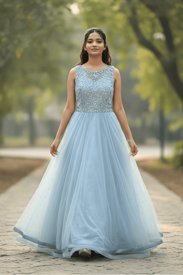 Blue Silver Beaded Bodice With Tulle Gown For Women & Girls - Aira Fabrics Designer Studio