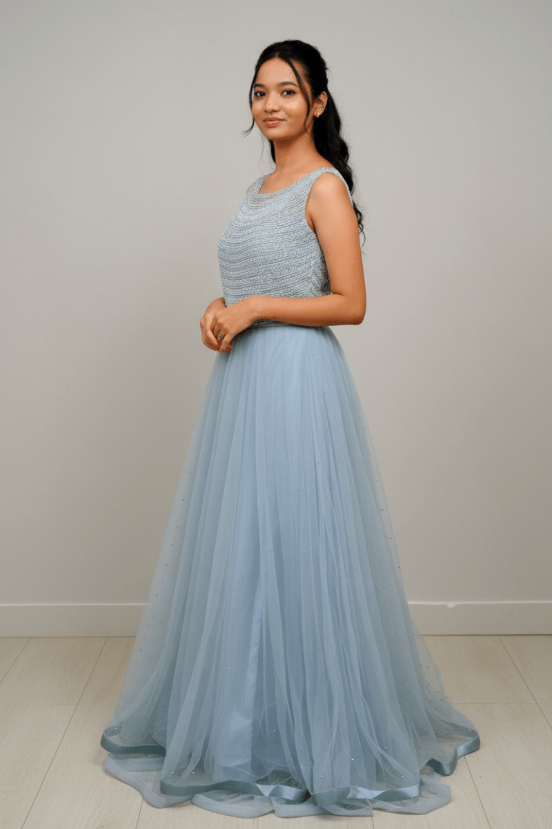 Blue Silver Beaded Bodice With Tulle Gown For Women & Girls - Aira Fabrics Designer Studio