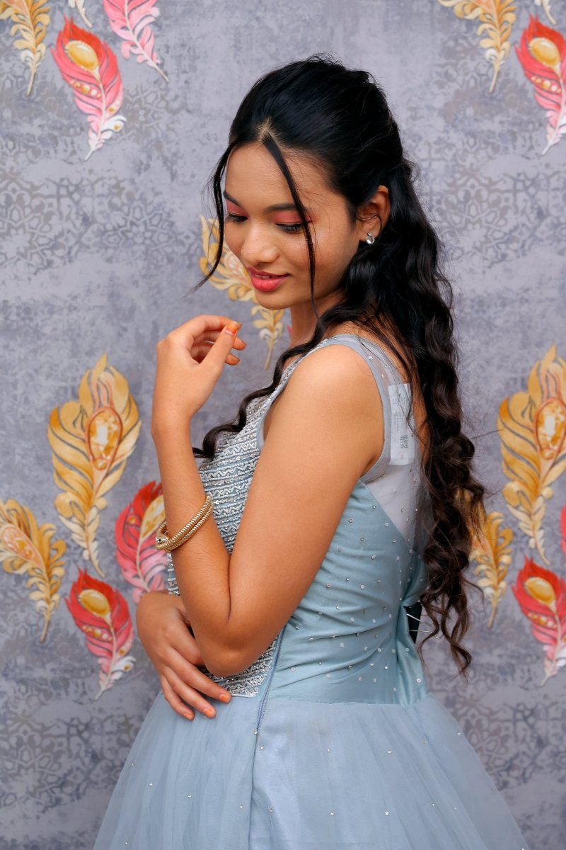 Blue Silver Beaded Bodice With Tulle Gown For Women & Girls - Aira Fabrics Designer Studio