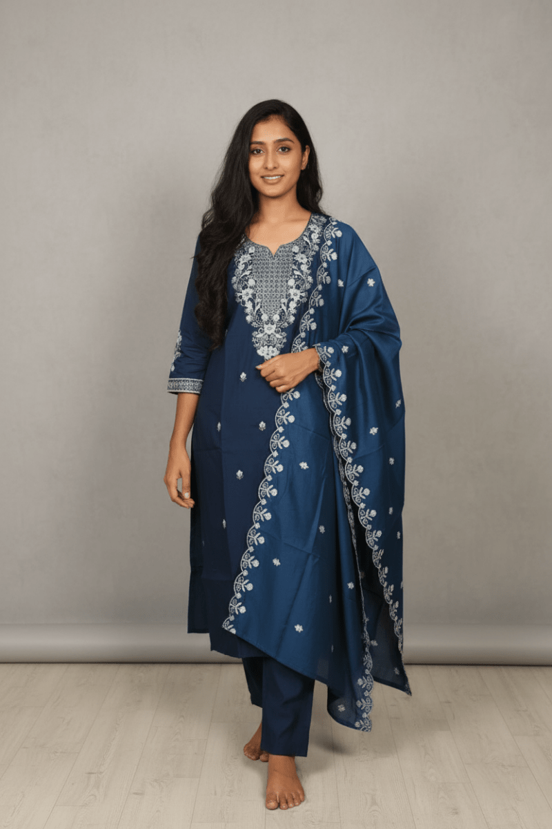 Blue Vichitra Kurti Silk Embroidered 3-Piece Set With A Pure Silk Dupatta For Women & Girls - Aira Fabrics Designer Studio