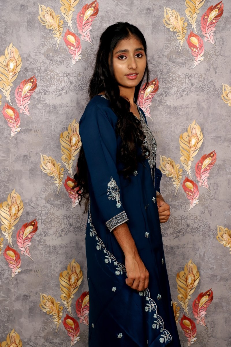 Blue Vichitra Kurti Silk Embroidered 3-Piece Set With A Pure Silk Dupatta For Women & Girls - Aira Fabrics Designer Studio