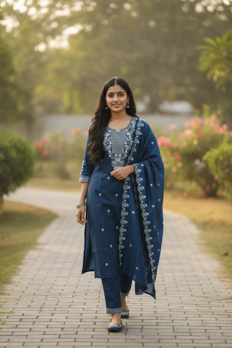 Blue Vichitra Kurti Silk Embroidered 3-Piece Set With A Pure Silk Dupatta For Women & Girls - Aira Fabrics Designer Studio