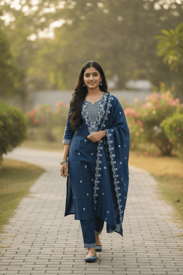 Blue Vichitra Kurti Silk Embroidered 3-Piece Set With A Pure Silk Dupatta For Women & Girls - Aira Fabrics Designer Studio