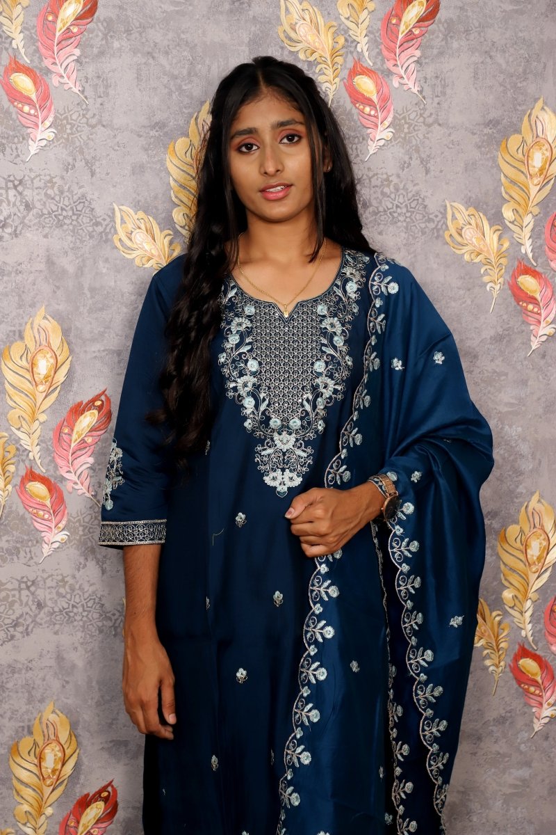 Blue Vichitra Kurti Silk Embroidered 3-Piece Set With A Pure Silk Dupatta For Women & Girls - Aira Fabrics Designer Studio