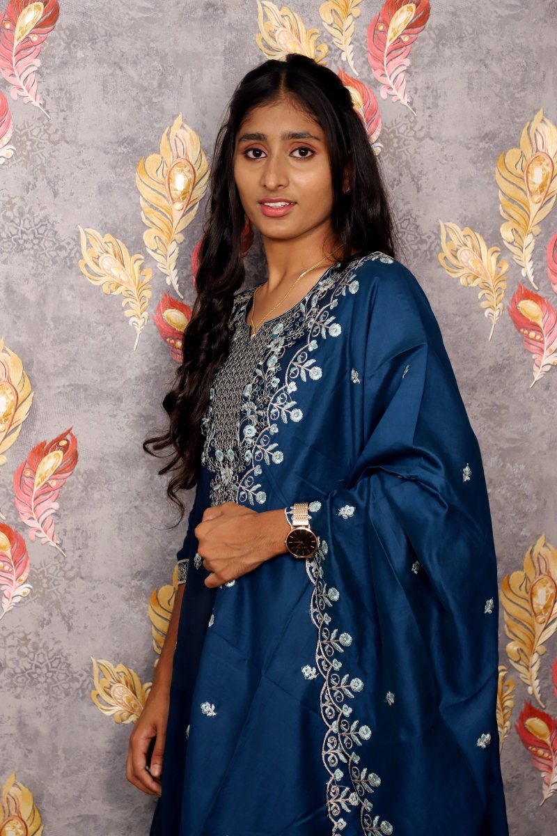 Blue Vichitra Kurti Silk Embroidered 3-Piece Set With A Pure Silk Dupatta For Women & Girls - Aira Fabrics Designer Studio