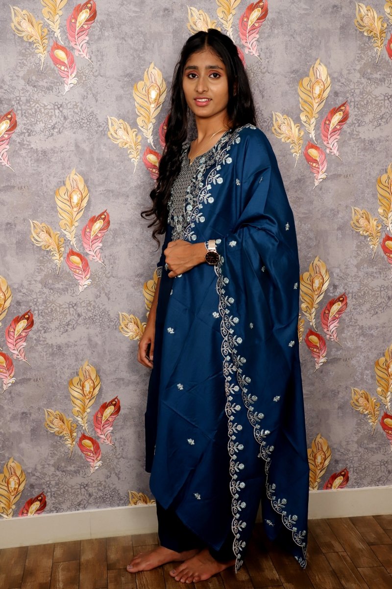 Blue Vichitra Kurti Silk Embroidered 3-Piece Set With A Pure Silk Dupatta For Women & Girls - Aira Fabrics Designer Studio