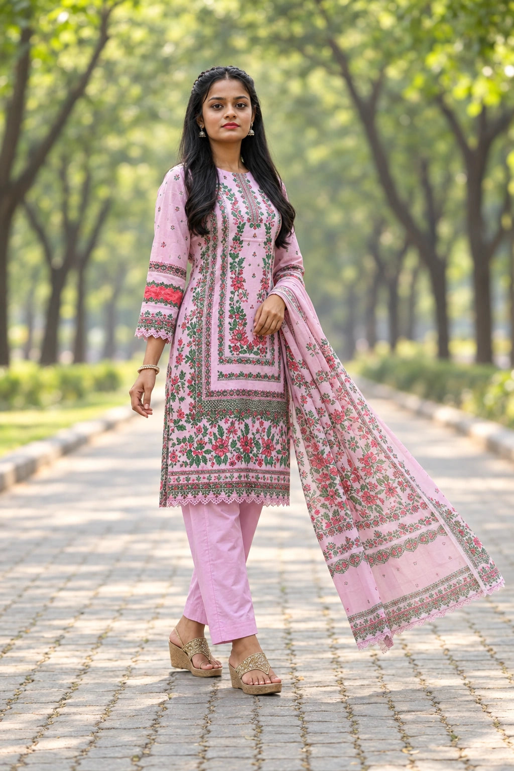 Light Pink Kurti With Floral Design For Women & Girls