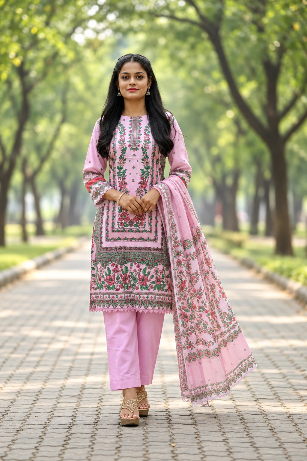 Light Pink Kurti With Floral Design For Women & Girls