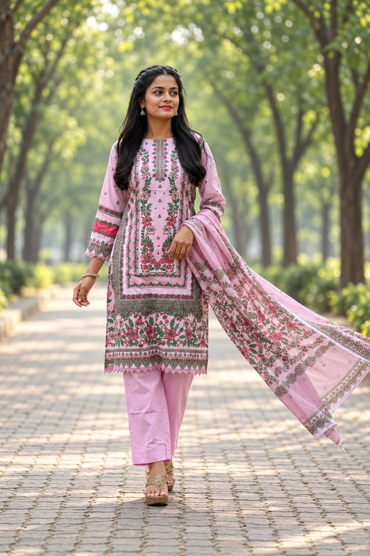 Light Pink Kurti With Floral Design For Women & Girls