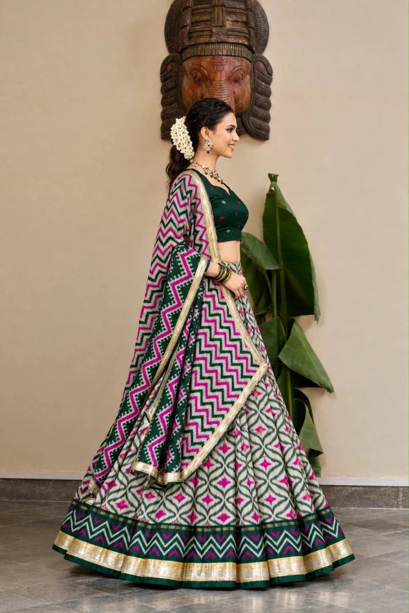 Bottle Green & Magenta Ikat Print Silk Half Saree with Zari Border - Aira Fabrics Designer Studio