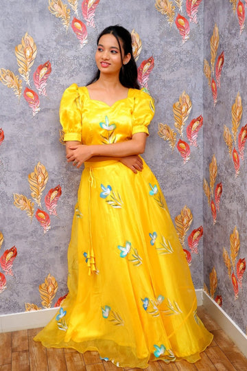 Bright Yellow Floral Lehenga Set For Women & Girls - Aira Fabrics Designer Studio