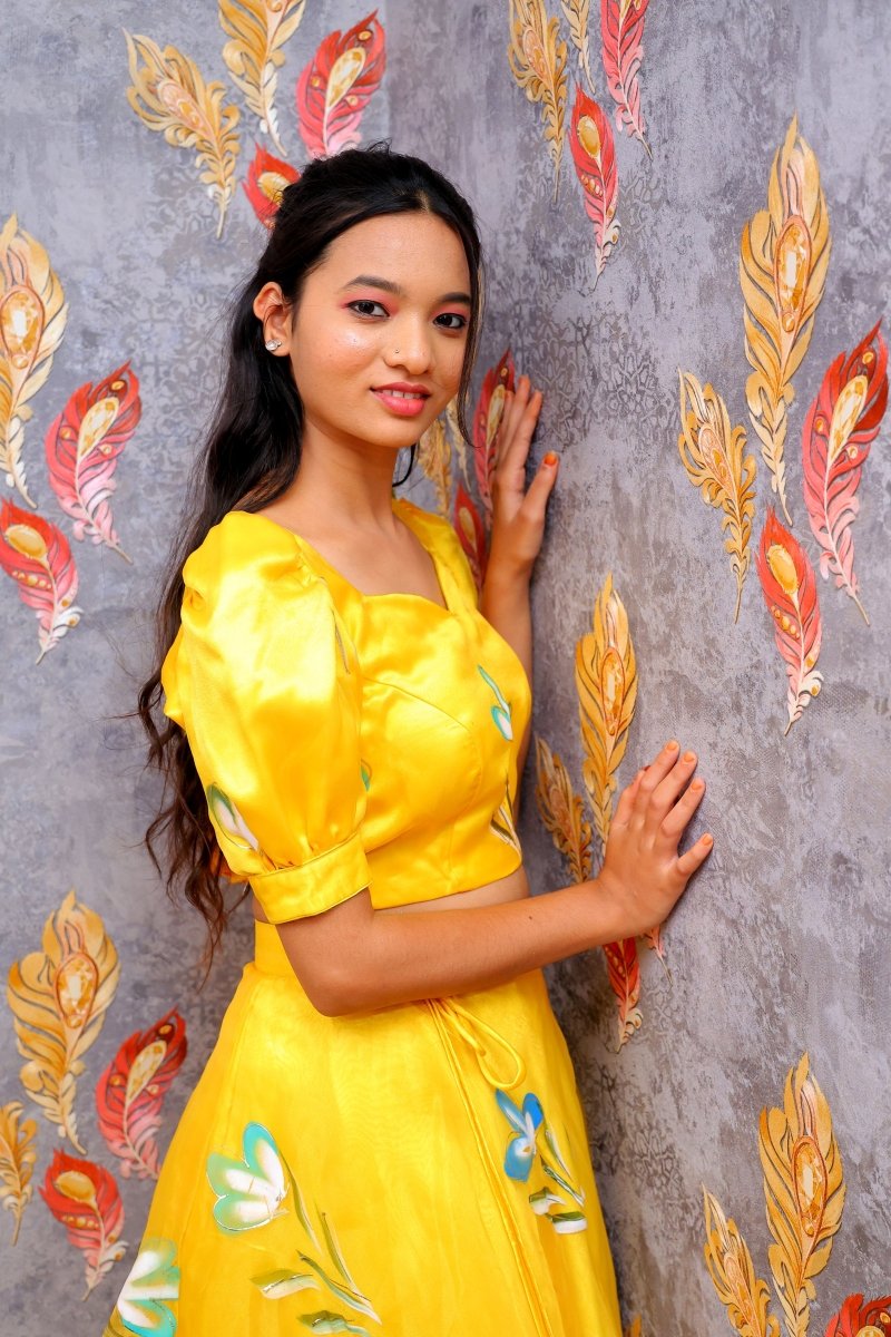 Bright Yellow Floral Lehenga Set For Women & Girls - Aira Fabrics Designer Studio