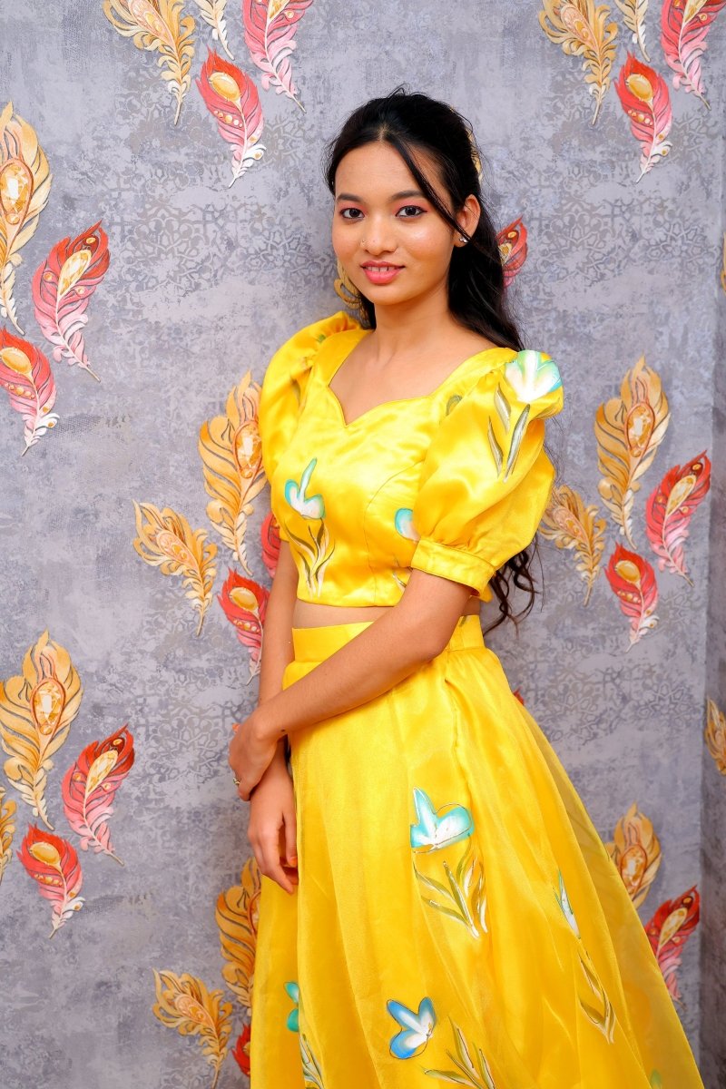 Bright Yellow Floral Lehenga Set For Women & Girls - Aira Fabrics Designer Studio