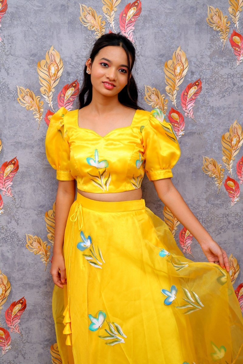 Bright Yellow Floral Lehenga Set For Women & Girls - Aira Fabrics Designer Studio